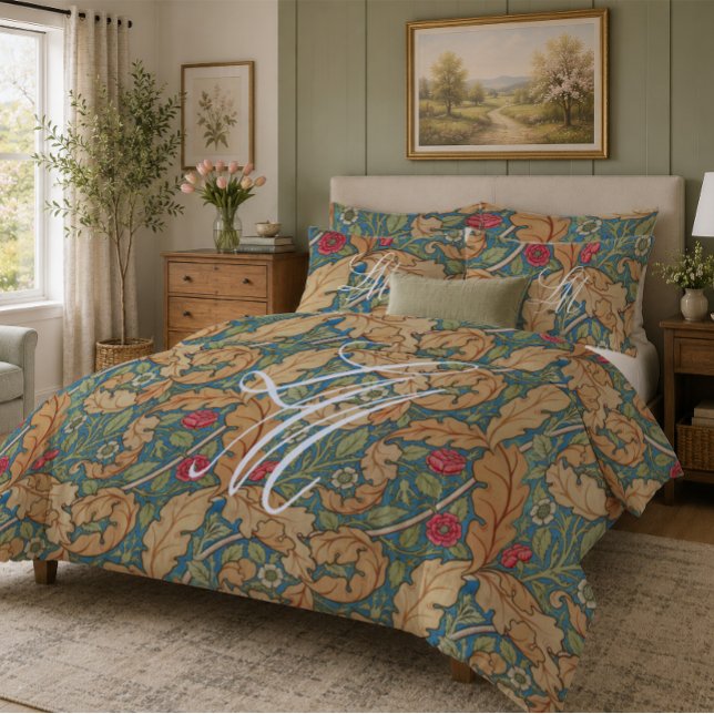 Monograma marigold floral azul bege William Morris (Criador carregado)