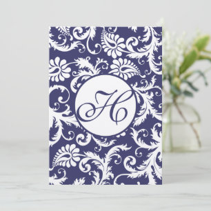 Monograma Marinho Damask Swirls Convite De Casamen