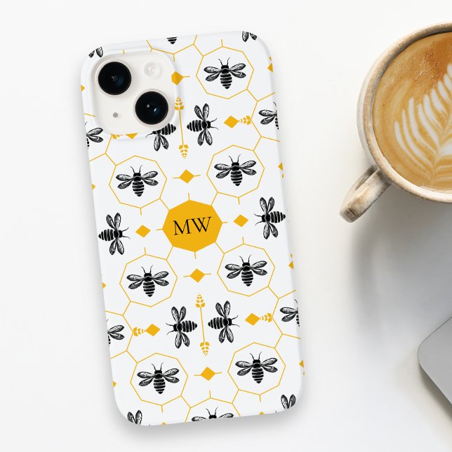 Monograma Moderno Padrão de Abelhas Amarelo (Modern Monogram Bee Pattern Yellow Honeycomb Chic Case-Mate iPhone Case)