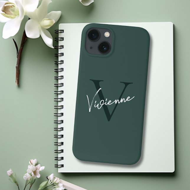 Monograma Na moda verde moderno minimalista (Monogram Dark Green Stylish Modern Minimalist Case-Mate iPhone Case)