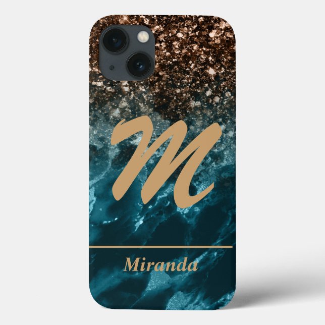 Monograma personalizado de brilho de ágata azul-la (Verso)