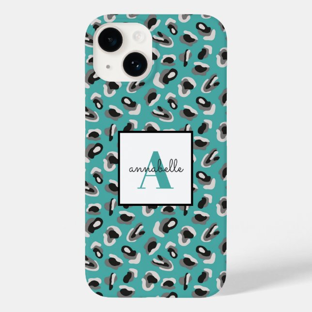 Monograma Personalizado de Impressão Aqua Leopardo (Verso)