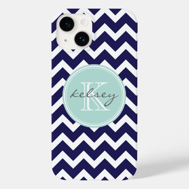 Monograma Personalizado de marinho e Mint Chevron (Verso)