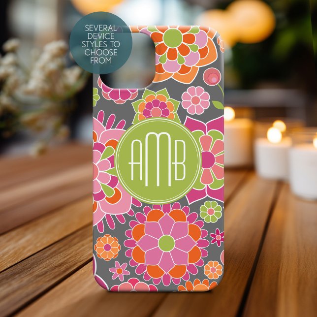 Monograma Personalizado de Padrão Floral Colorido  (Personalized Phone Case with Monogram)