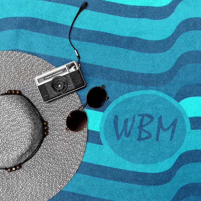 Monograma Personalizado de Toalha Azul Praia (Bright blue stripes/monogram)