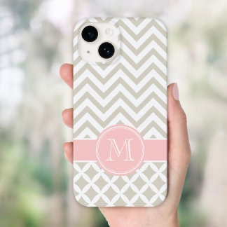 Monograma Personalizado Linen Beige e Chevron Rosa