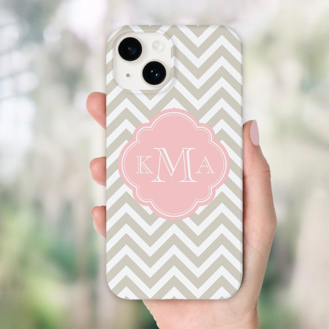 Monograma Personalizado Linen Beige e Chevron Rosa (Criador carregado)