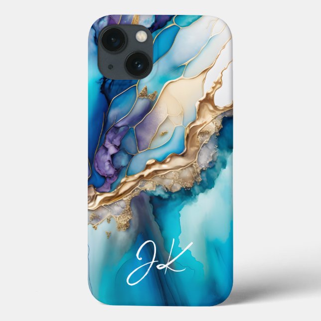 Monograma Personalizado Mármore Azul Dourado Moder (Verso)