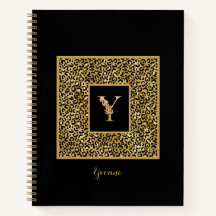 Monograma pessoal moderno dourado Leopard com a le