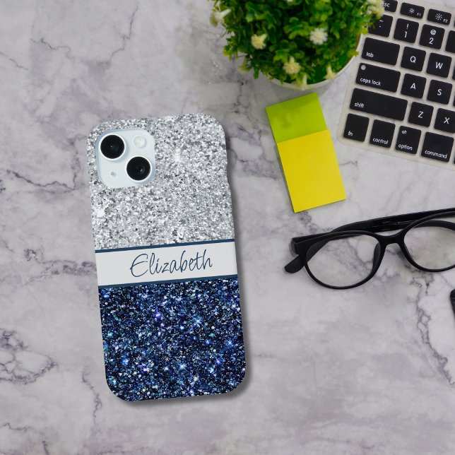 Monograma Prata Azul Escuro Brilho Moderno Chic  (Blue Silver Glitter Monogrammed iPhone or Samsung Case)
