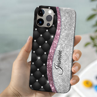 Monograma preto glitter prata falso menina Chic