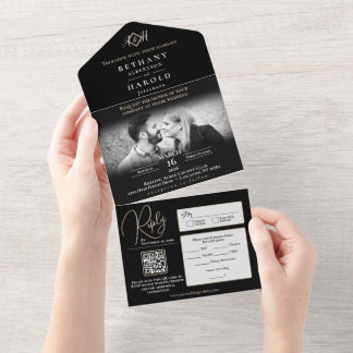 Monograma Preto Tudo em Um Convite de casamento