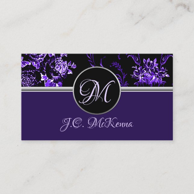 Monograma Purple Floral Cartão de visita 2 (Frente)