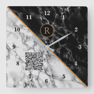 Monograma Relógio seu Código QR - Marble Preto Bra