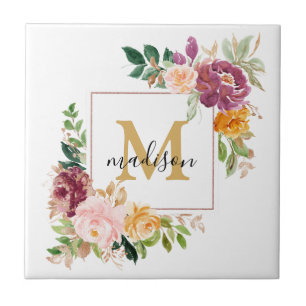 Monograma Rosa Floral Botânica Elegante em Aquarel