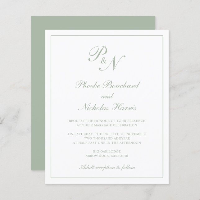Monograma Sage Green Budget Invitation (Frente/Verso)