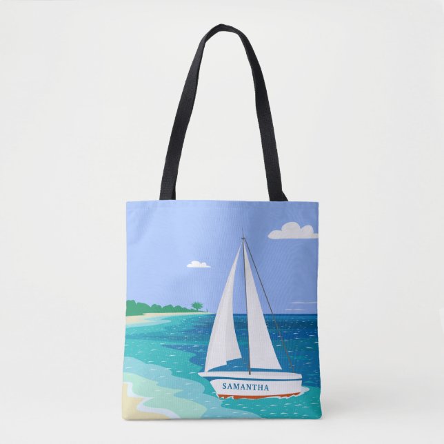 Monograma Sailboat Costeira Tropical Beach Tote Ba (Frente)