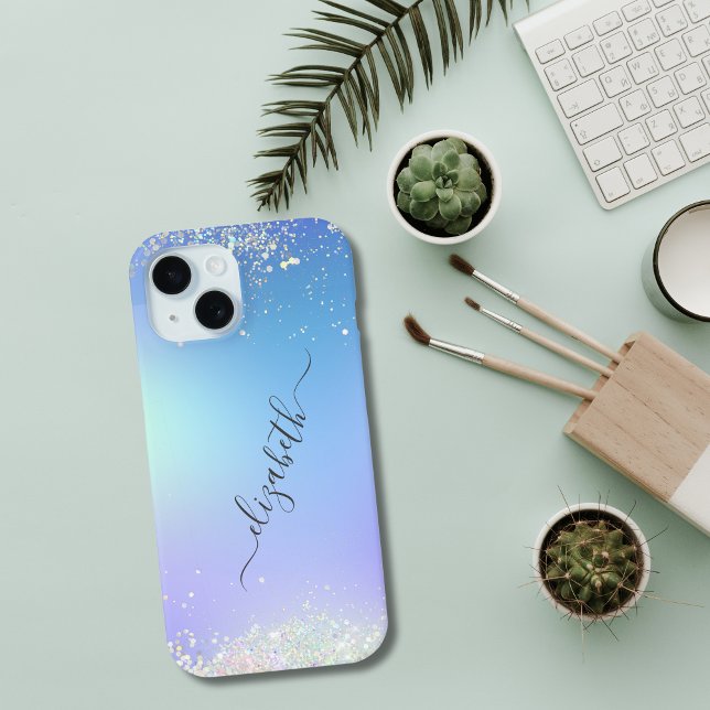 Monograma Script Azul Roxo Brilho Moderno (Blue Purple White Glitter Monogrammed Name Script iPhone Case)