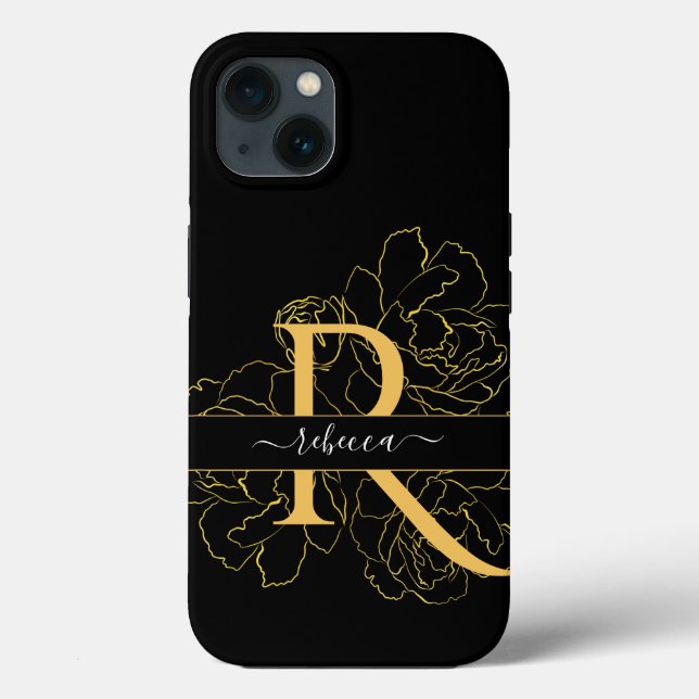 Monograma Script Moderno Nome Preto Dourado Floral (Verso)