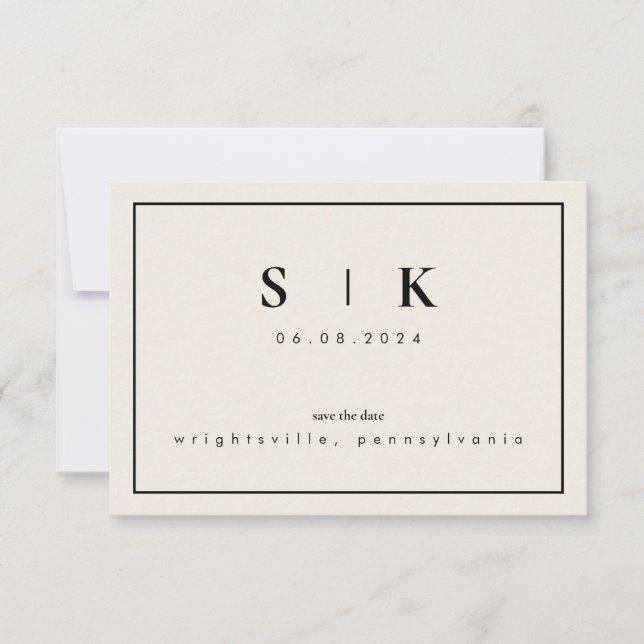 Monograma Simples e Elegante Bege Save the Date V (Frente)