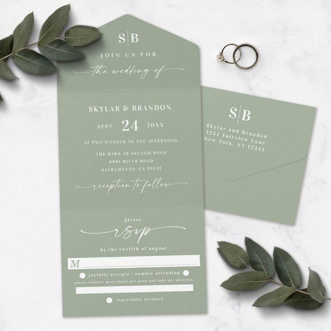 Monograma Simples & Script Casamento Verde Folha T (Criador carregado)