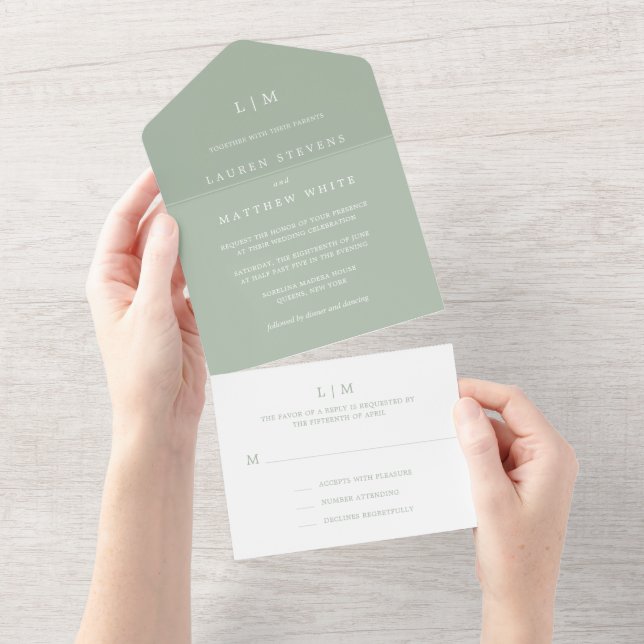 Monograma Simples Verde Sage Casamento Formal Eleg (Aba destacável)