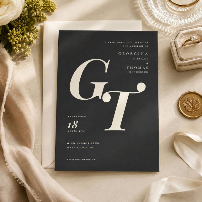 Monograma Sofisticado | Casamento Preto Marfim (Criador carregado)