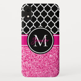 Monograma Treliça Preto e Branco com Brilho Rosa Q