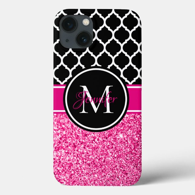 Monograma Treliça Preto e Branco com Brilho Rosa Q (Verso)