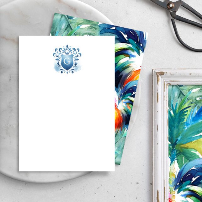 Monograma Tropical Obrigado Cartões Maiestesia Cre (Personalized notecards feature blue watercolor crest with reverse bold and colorful rooster art.)