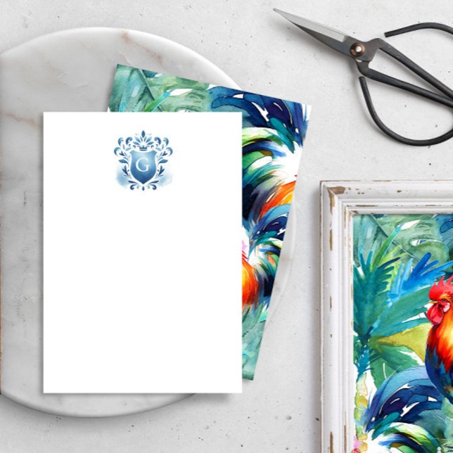 Monograma Tropical Obrigado Cartões Maiestesia Cre (Monogrammed Watercolor Crest Key West Inspired Sol the rooster thank you cards sustainable weddings)