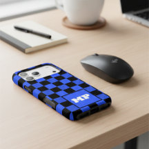 Monograma Xadrez Moderno em Azul Cobalto e Preto