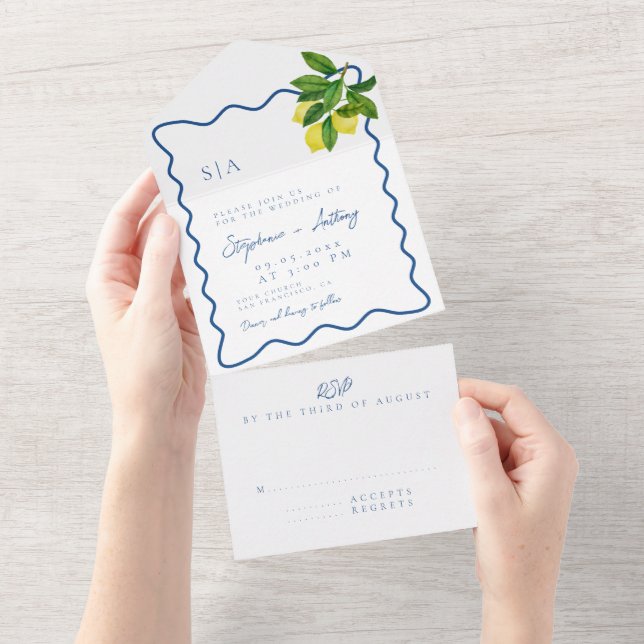 Monogramas Limão Cítrico, Convite de Casamento com (Aba destacável)