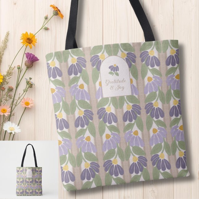 Monogrammed Floral Striped Tote Bag (Personalize this tote with your name & initial on one side and an inspirational  quote on the other.)