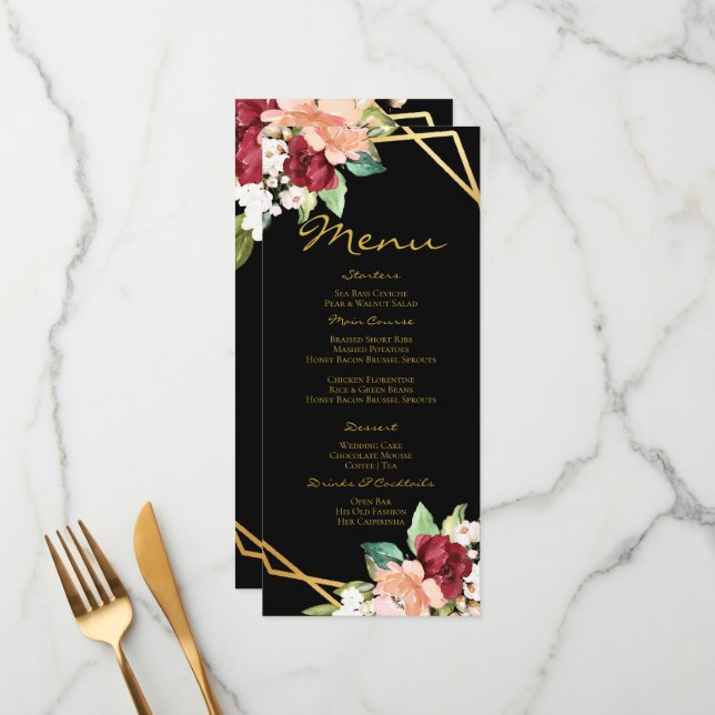 Monogrammed Menu Dourado Casamento Floral Negro (Frente/Verso In Situ)