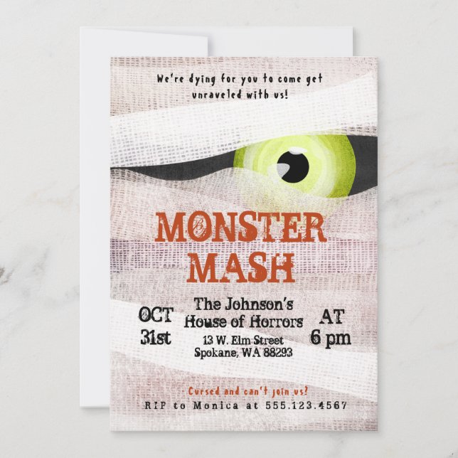 Monster Mash Halloween Bash Mummy Convite (Frente)