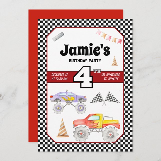 Monster Truck 4.º Convite de Aniversário (Frente/Verso)