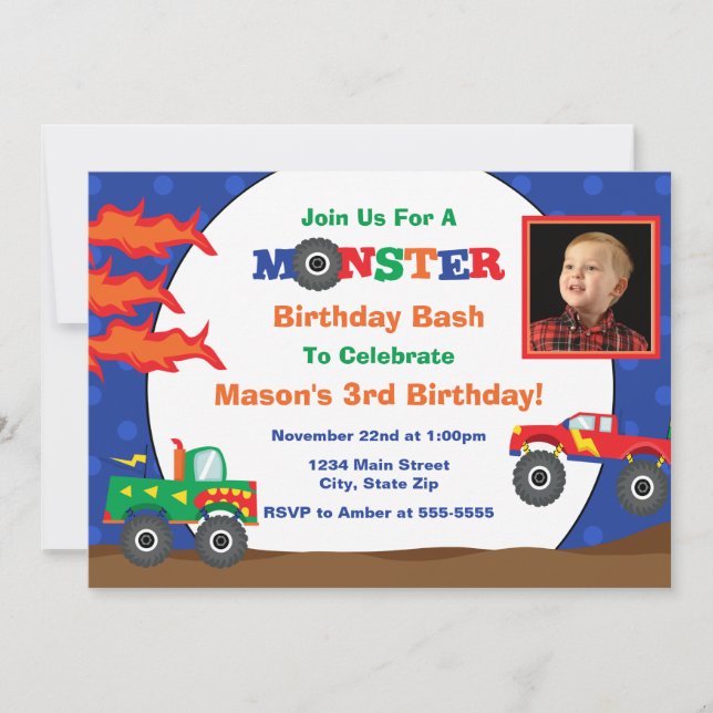 Monster Truck Birthday Convite 5x7 Cartão com foto (Frente)