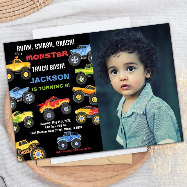 Monster Truck Birthday - Convites com Foto (Monster Truck Birthday Invitations with Photo)