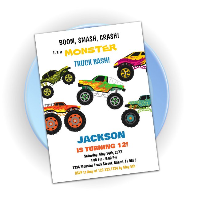 Monster Truck Birthday - Convites Cores (Monster Truck Birthday Invitations Colours)