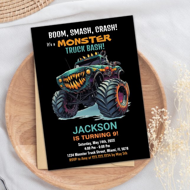 Monster Truck Convite de Aniversário Green Black (Monster Truck Birthday Invitations Green Black)