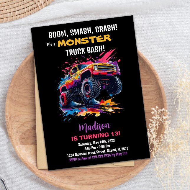 Monster Truck Convite de Aniversário Rosa (Monster Truck Birthday Invitations Pink Black)