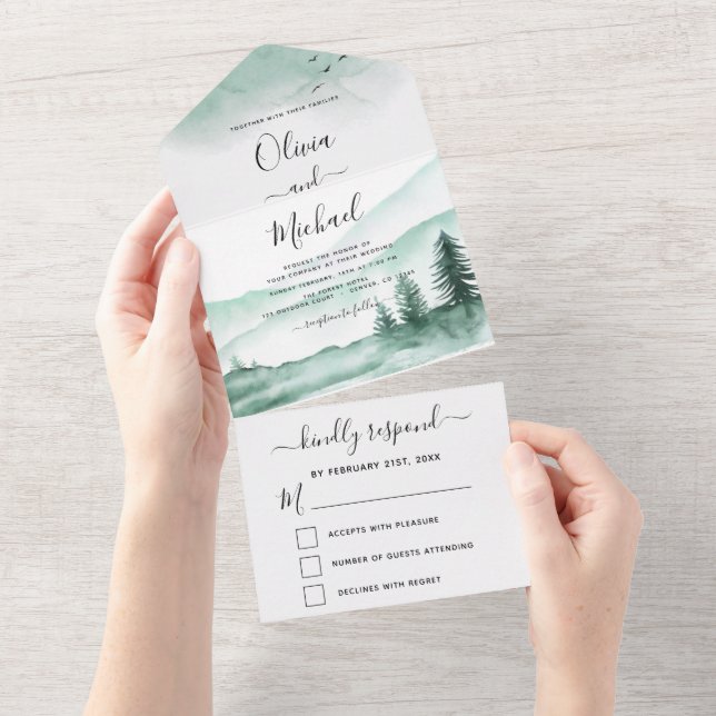 Montanha Rustic Watercolor Greenery RSVP (Aba destacável)
