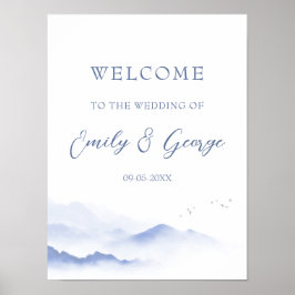 Montanhas azuis e poster de casamento de aves