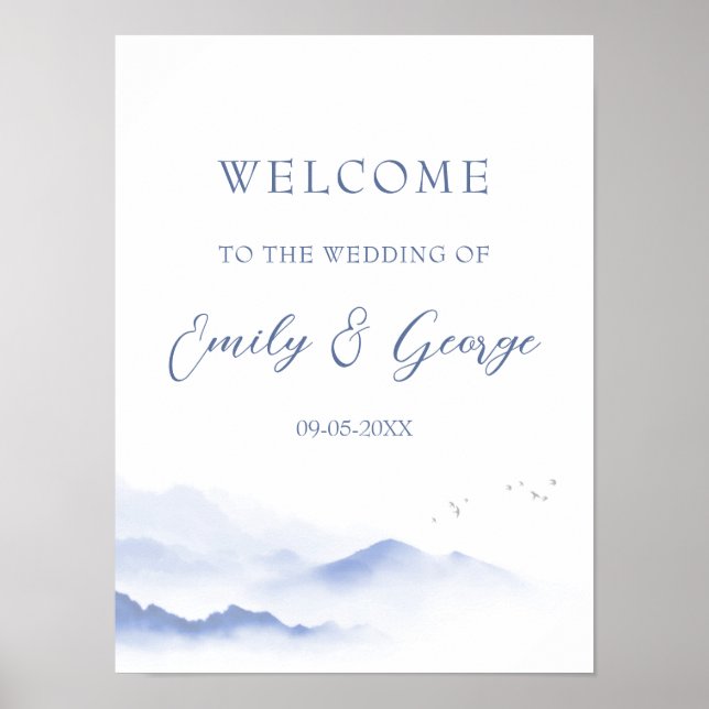 Montanhas azuis e poster de casamento de aves (Frente)