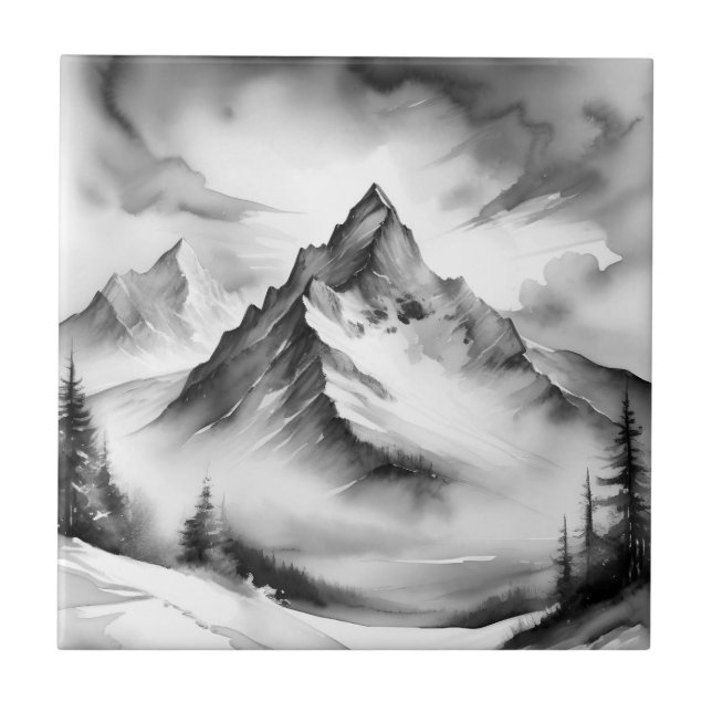 Montanhas cobertas de neve em preto e branco aquar (Frente)