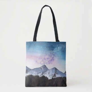 Montanhas com tote de arte, aquarela