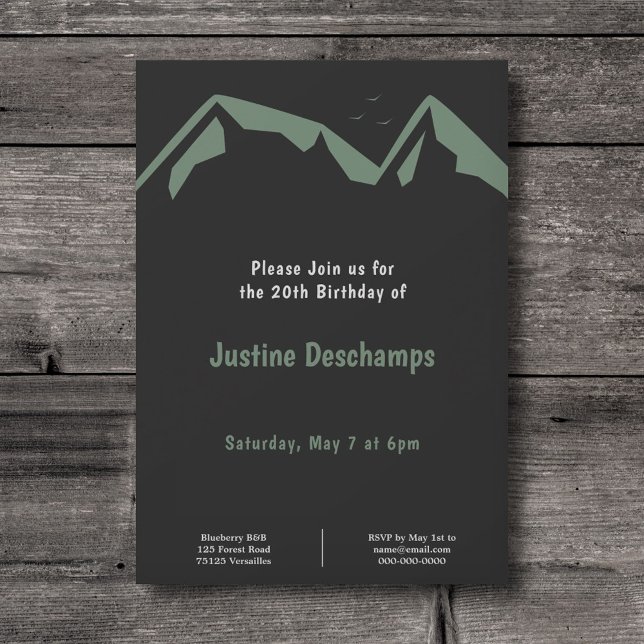 Montanhas em Verde - Convite de Aniversário Negro (Mountains in Green - Black Birthday Invitation)