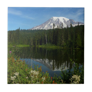 Monte Rainier Lake Refletido com flores selvagens