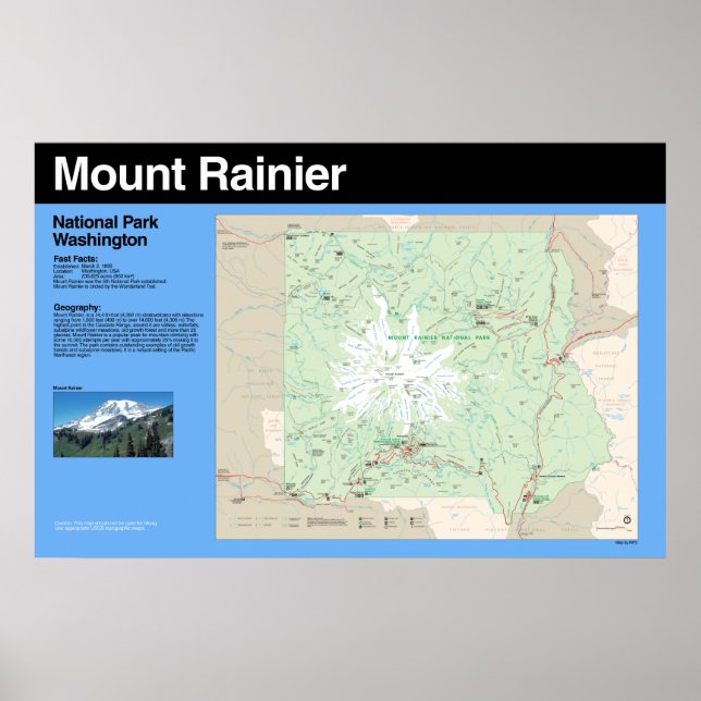 Monte Rainier National Park Map Poster (Frente)